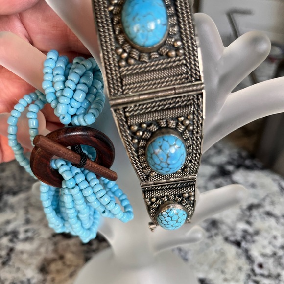 Antique Silver 925 and Blue Stone Cannetille Panel Bracelet c.1830s Cuff - Picture 2 of 14